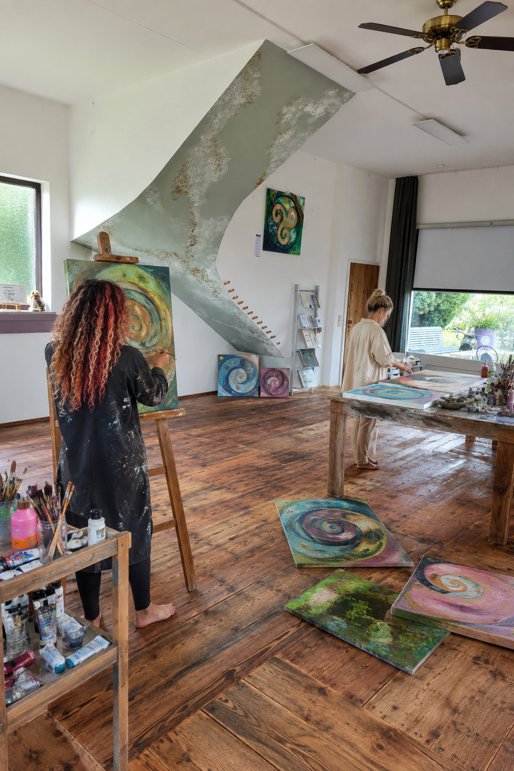 Zwei Frauen malen in einem hellen Atelier, eine steht am Staffelei und malt ein spiralförmiges Bild, während die andere an einem Tisch arbeitet. Mehrere bunte Gemälde mit Spiralmotiven liegen auf dem Holzboden und an der Wand.